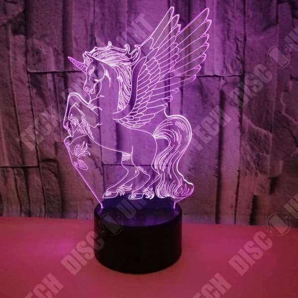 TD® Optisk bordslampa dekorativ taktil färg optisk illusion - modell med bevingade enhörningar - USB-kabel med låg förbrukning 3 AA-batterier