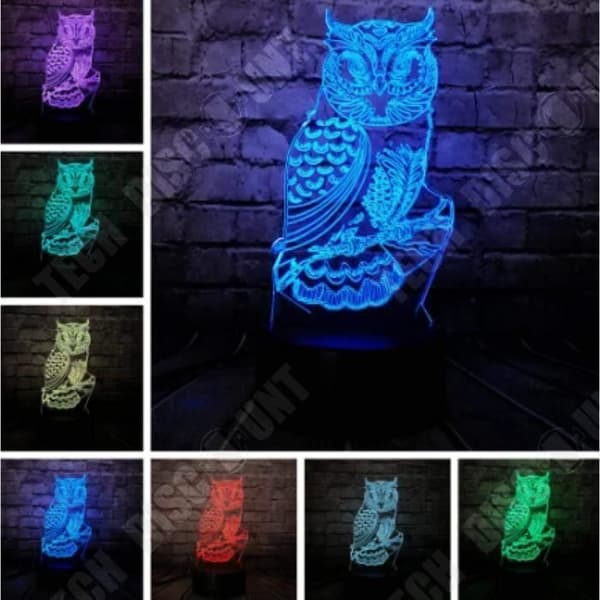 TD® Optisk bordslampa dekorativ touch 7 färger optisk illusion - ugglemodell - USB-kabel med låg förbrukning eller 3 A-batterier
