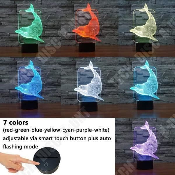 TD® Optisk bordslampa dekorativ touch 7 färger optisk illusion - delfinmodell - USB-kabel med låg förbrukning eller 3 AA-batterier