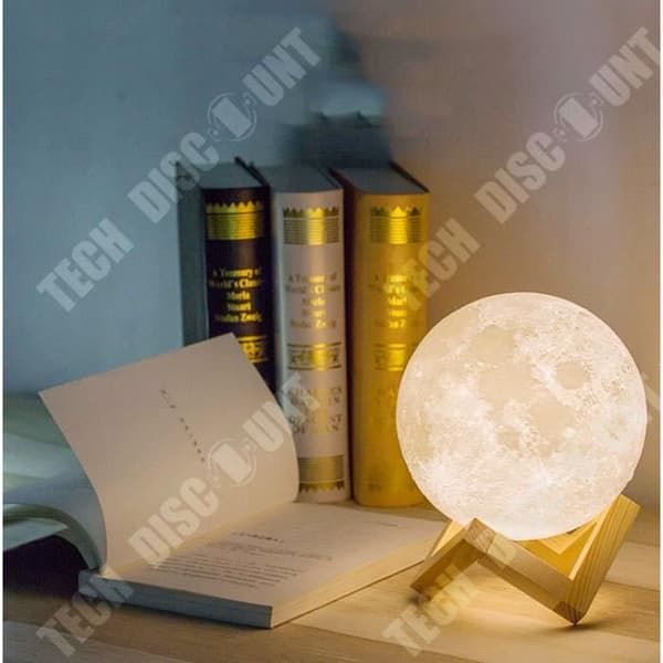 TD® Night Light-Lamp 3D Moon Shape 2-färgs USB uppladdningsbar nattlampa Vackert känsligt ljus med träställ-20 cm