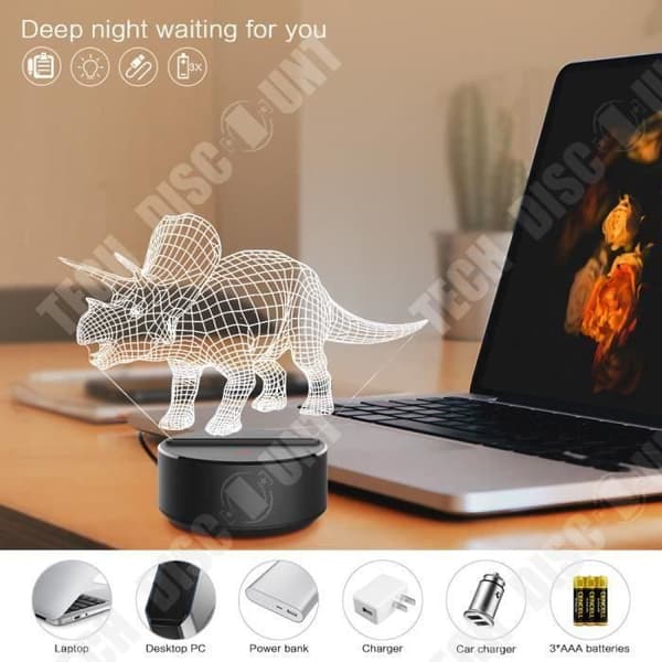 TD® Optisk bordslampa dekorativ taktil 7 färger optisk illusion - triceratops modell lågförbrukning USB-kabel 3 AAA-batterier