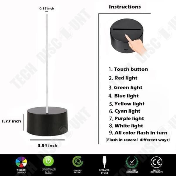 TD® Optisk bordslampa dekorativ touch 7 färger optisk illusion - dunk modell - låg förbrukning USB-kabel eller 3 AAA-batterier