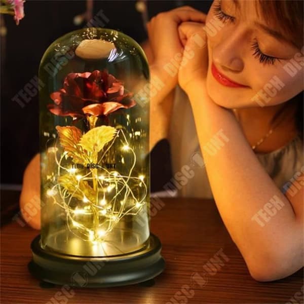 TD® Blomsterdekoration Ljusväxter LED-ljus Röd Ros Blomma och bladguld 24K glasskydd Plastbas