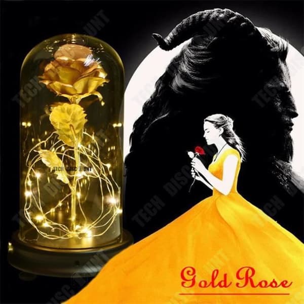 TD® Blomsterdekoration Ljusväxter LED-ljus Röd Ros Blomma och bladguld 24K glasskydd Plastbas