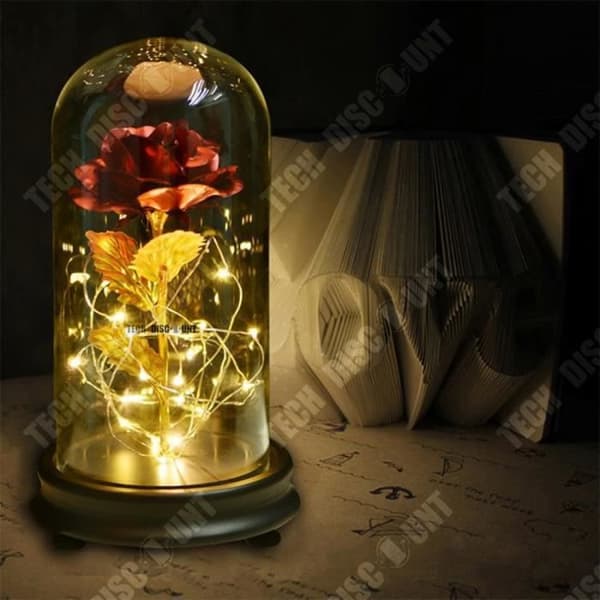 TD® Blomsterdekoration Ljusväxter LED-ljus Röd Ros Blomma och bladguld 24K glasskydd Plastbas
