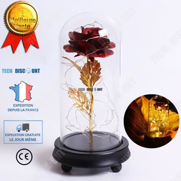 TD® Blomsterdekoration Ljusväxter LED-ljus Röd Ros Blomma och bladguld 24K glasskydd Plastbas