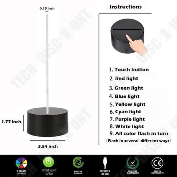 TD® Optisk bordslampa dekorativ taktil 7 färger optisk illusion - grismodell - USB-kabel med låg förbrukning eller 3 AAA-batterier