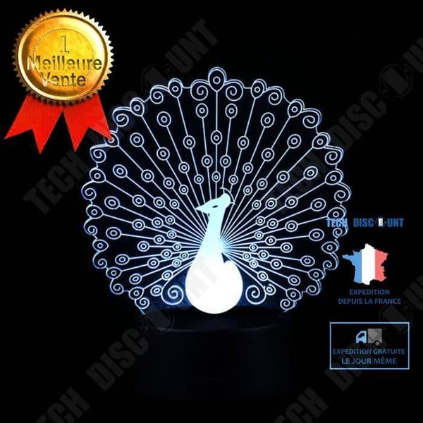 TD® 3D-lampa LED-ljus Påfågelform Illusion 7 färgbyte Touch Switch LED Nattljus Akryldekoration Sängbord