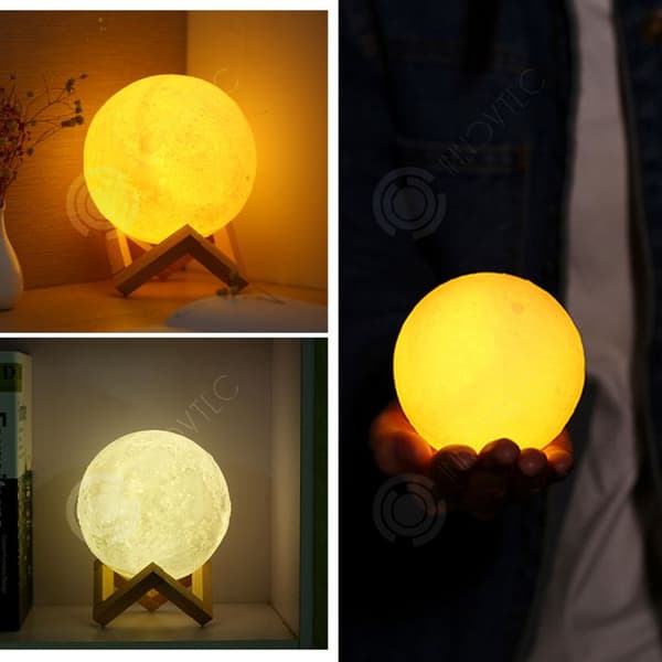 INN Lampa måne 3D 15cm med trähållare 3 färger touchkontroll månlampa LED nattlampa sänglampa rumsdekoration