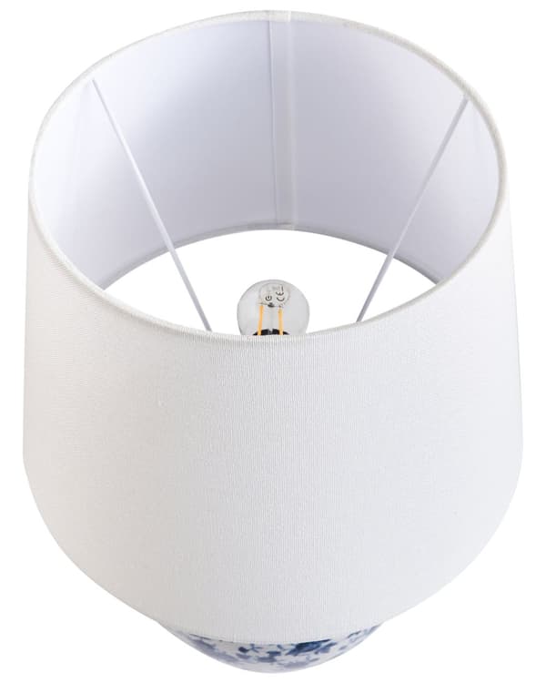 Bordlampe Hvit og Blå Porselensfot Lin Trommeskjerm med en Blomstret Patten Belysning Stilig