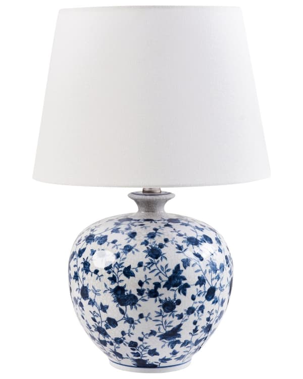 Bordlampe Hvit og Blå Porselensfot Lin Trommeskjerm med en Blomstret Patten Belysning Stilig