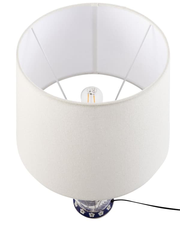 Bordlampe Hvit og Blå Porselensfot Lin Trommeskjerm med en Blomstret Patten Belysning Stilig