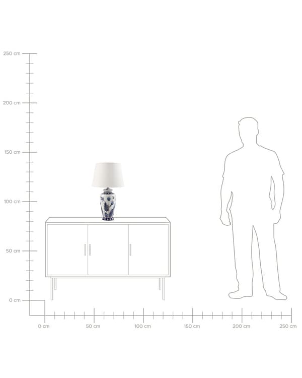 Bordlampe Hvit og Blå Porselensfot Lin Trommeskjerm med en Blomstret Patten Belysning Stilig