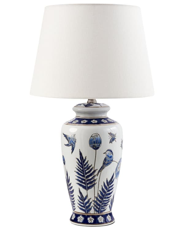 Bordlampe Hvit og Blå Porselensfot Lin Trommeskjerm med en Blomstret Patten Belysning Stilig