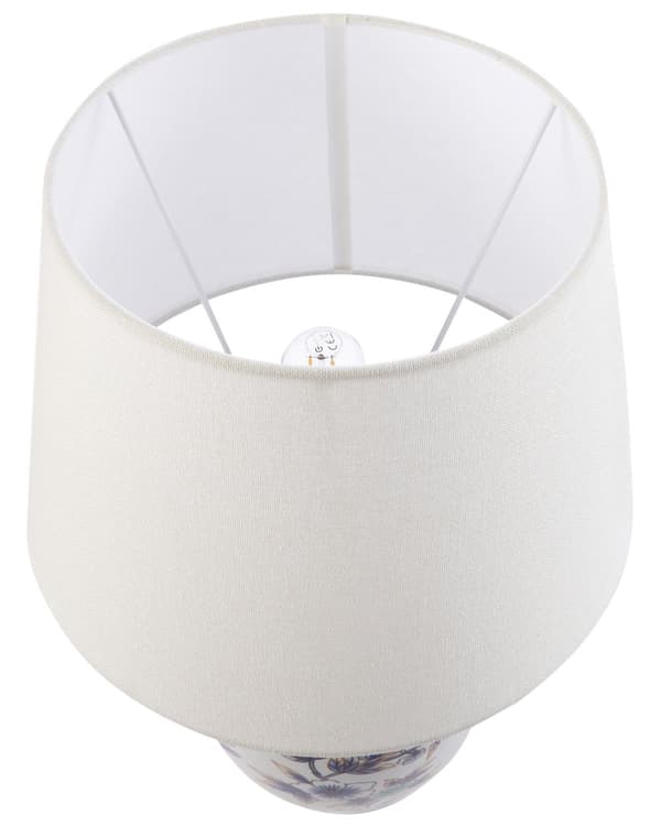 Bordlampe Hvit og Blå Porselensfot Lin Trommeskjerm med Blomstret Patten Belysning Stilfull
