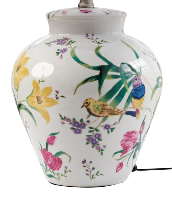 Bordlampe Hvit Porselensfot Linklokke med Blomstret Patten Belysning Stilfull