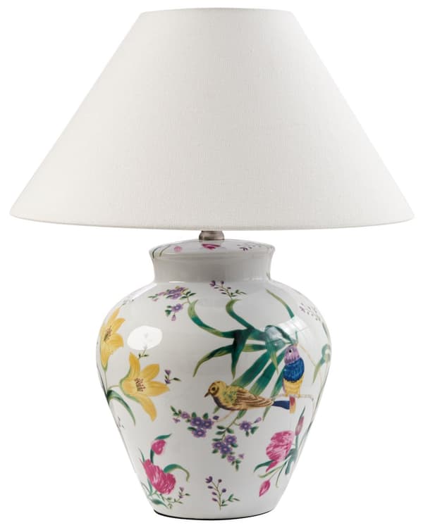Bordlampe Hvit Porselensfot Linklokke med Blomstret Patten Belysning Stilfull