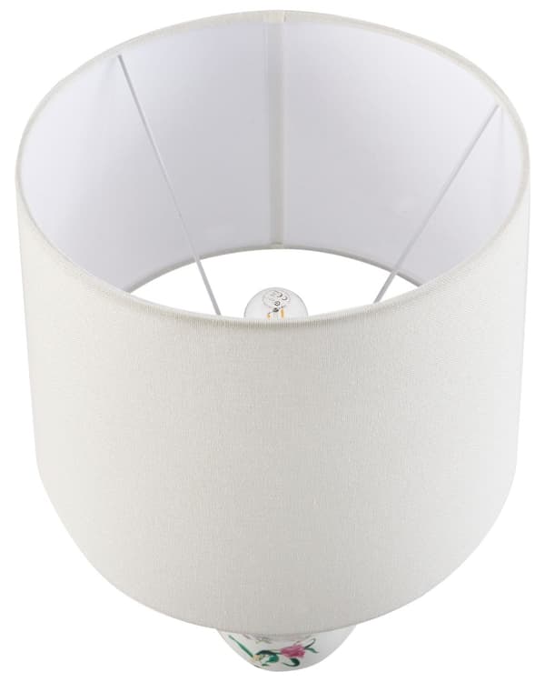 Bordlampe Hvit Porselensfot Lin Trommeskjerm med Blomstret Patten Belysning Stilfull