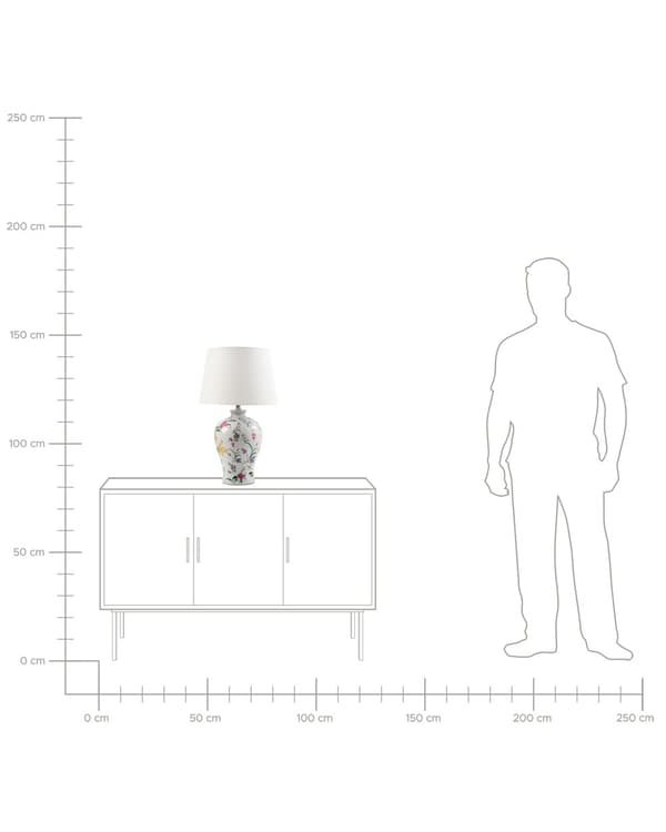 Bordlampe Hvit Porselensfot Lin Trommeskjerm med Blomstret Patten Belysning Stilfull