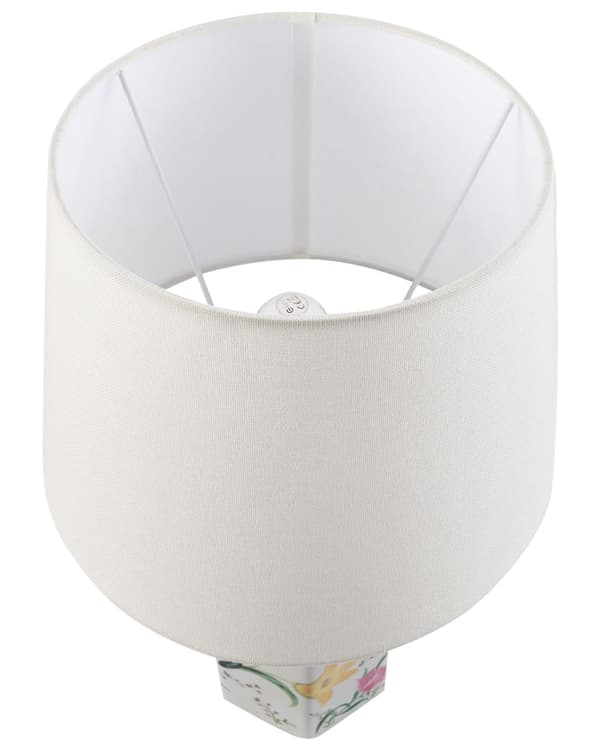 Bordlampe Hvit Porselensfot Lin Trommeskjerm med Blomstret Patten Belysning Stilfull