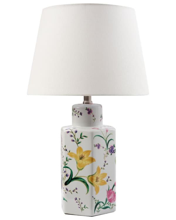 Bordlampe Hvit Porselensfot Lin Trommeskjerm med Blomstret Patten Belysning Stilfull