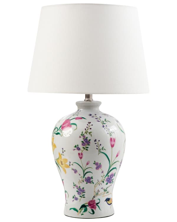 Bordlampe hvid porcelænsfod hørtromleskærm med blomstret pattebelysning stilfuld