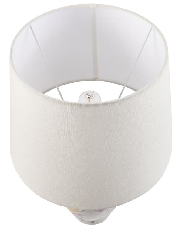 Bordlampe hvid porcelænsfod hørtromleskærm med blomstret pattebelysning stilfuld