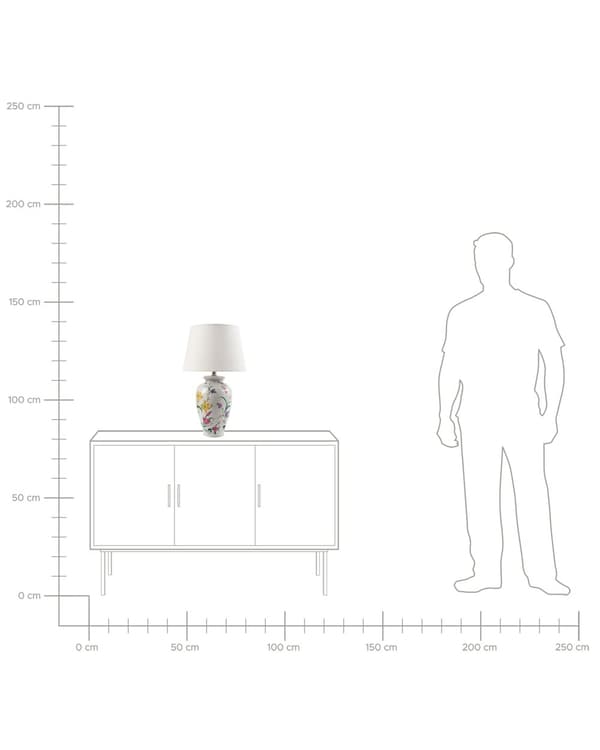 Bordlampe hvid porcelænsfod hørtromleskærm med blomstret pattebelysning stilfuld