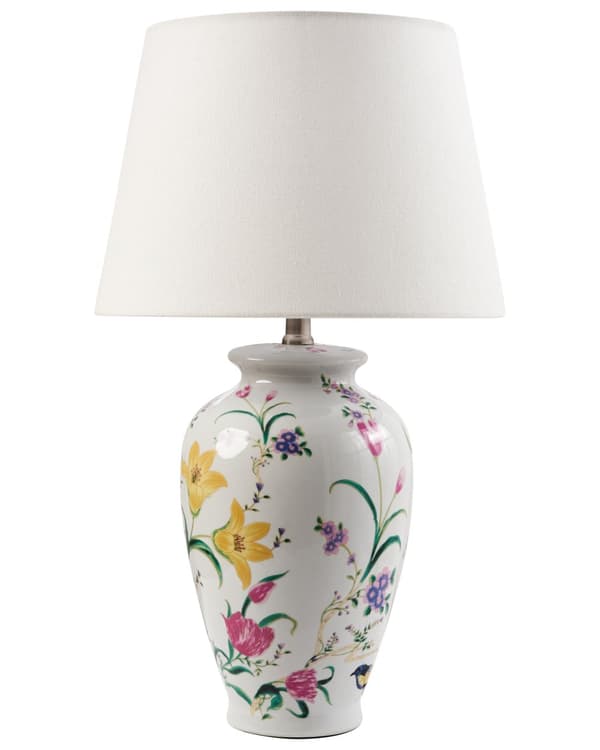 Bordlampe hvid porcelænsfod hørtromleskærm med blomstret pattebelysning stilfuld