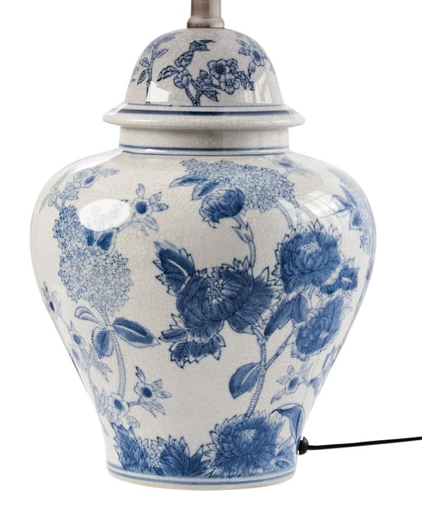 Bordlampe hvid med blå porcelænsfod hørstofskærm med blomstermønster belysning stilfuld