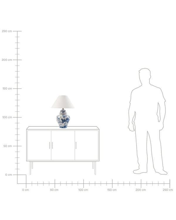 Bordlampe hvid med blå porcelænsfod hørstofskærm med blomstermønster belysning stilfuld