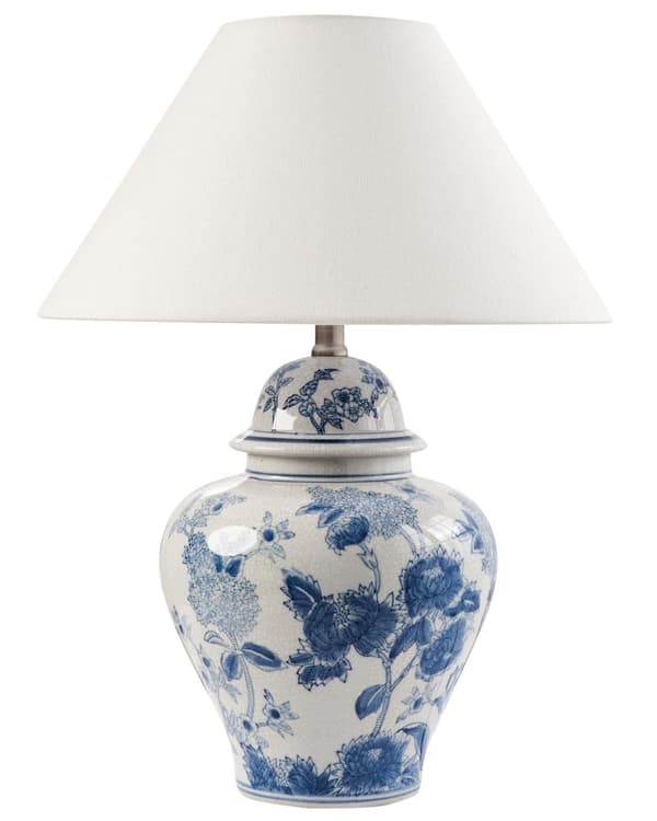 Bordlampe hvid med blå porcelænsfod hørstofskærm med blomstermønster belysning stilfuld