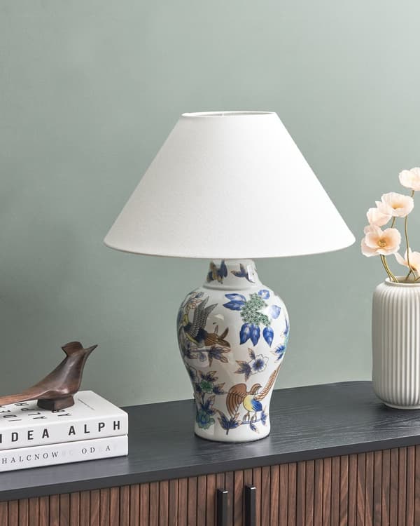 Bordlampe Hvid porcelænsfod Link Bell med blomstret patte Belysning Stilfuld