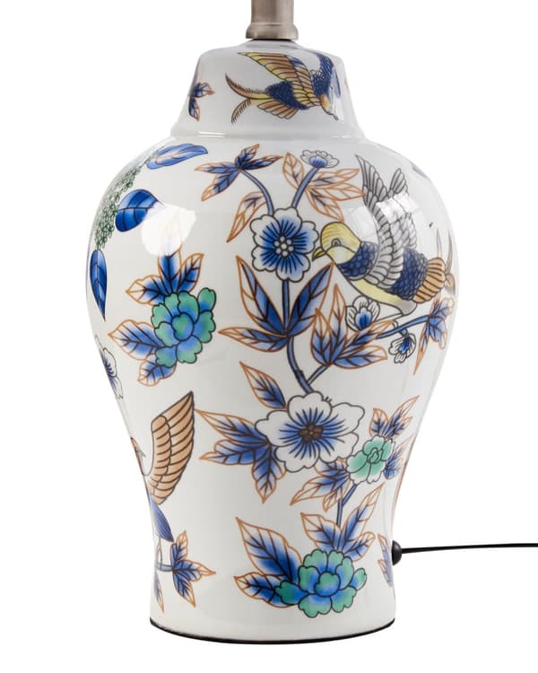 Bordlampe Hvid porcelænsfod Link Bell med blomstret patte Belysning Stilfuld