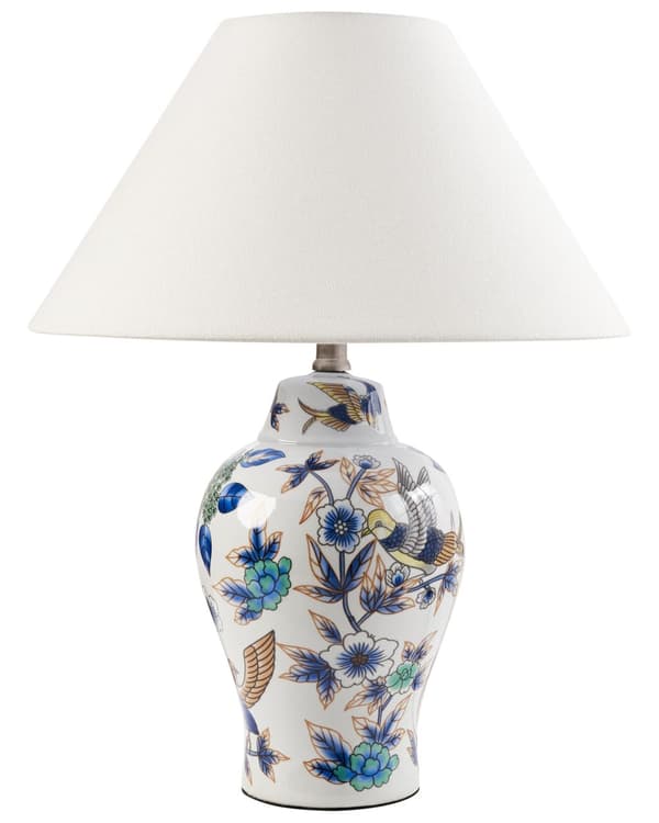 Bordlampe Hvid porcelænsfod Link Bell med blomstret patte Belysning Stilfuld
