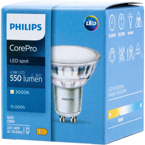 LED-pære GU10 4,9W = 50W 550lm 3000K varm 120° PHILIPS