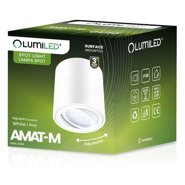 Utanpåliggande HALOGEN Spotlight Flyttbart Rör AMAT-M GU10 Rund Vit 84mm