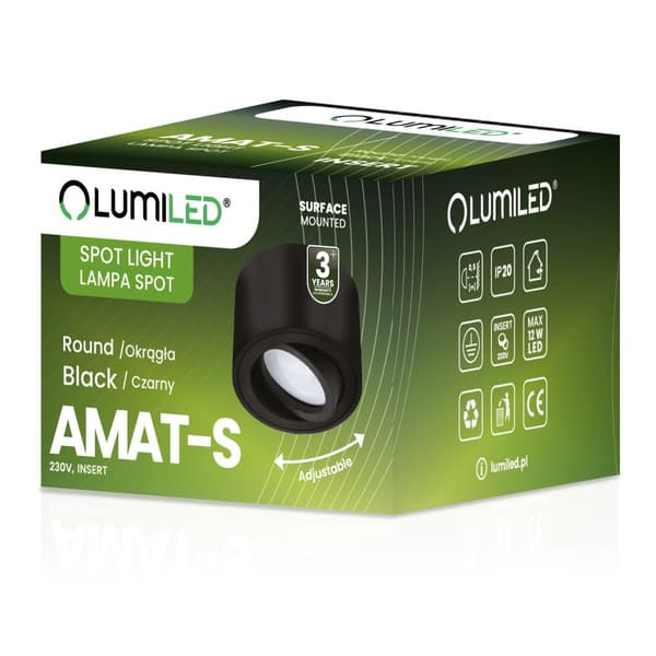 Utanpåliggande HALOGEN-armatur, Flyttbar, Rund, Svart, 50 mm INSATs