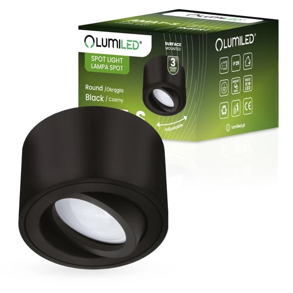 Utanpåliggande HALOGEN-armatur, Flyttbar, Rund, Svart, 50 mm INSATs