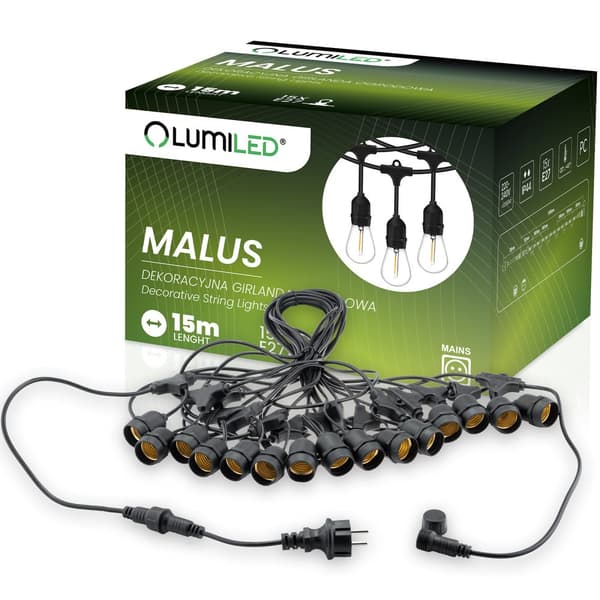 MALUS Ulkokäyttöön tarkoitettu puutarhaköynnösvaloketju 15m 15x E27 Lumiled