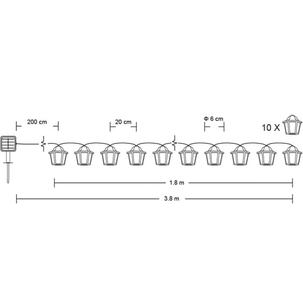 Solcellsdriven trädgårdsgirlang 10 LED-lyktor 3,8 m 3000K varm