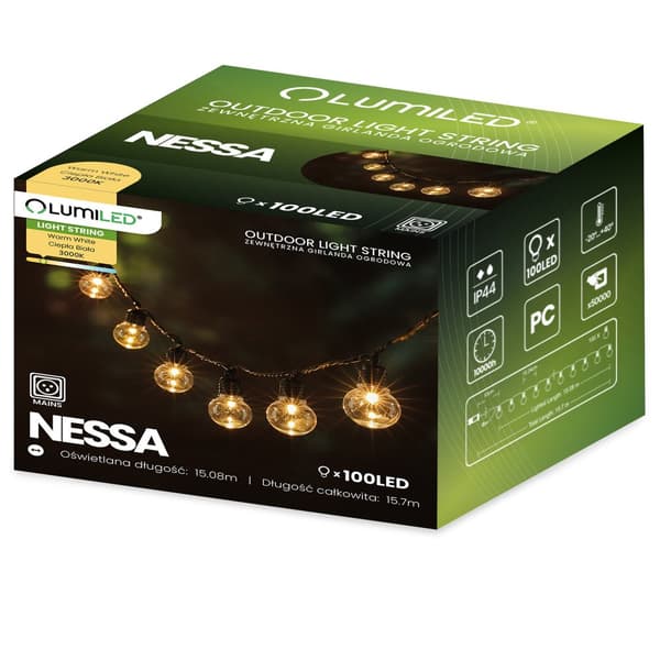 Havegirlande udendørs lyskæde 16m 100x LED 230V 3000K