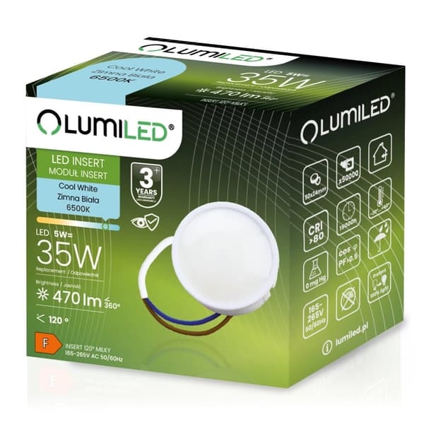 LED-armaturindsats INSERT Milky-modul 5W = 35W 120° 470lm 6500K Kold