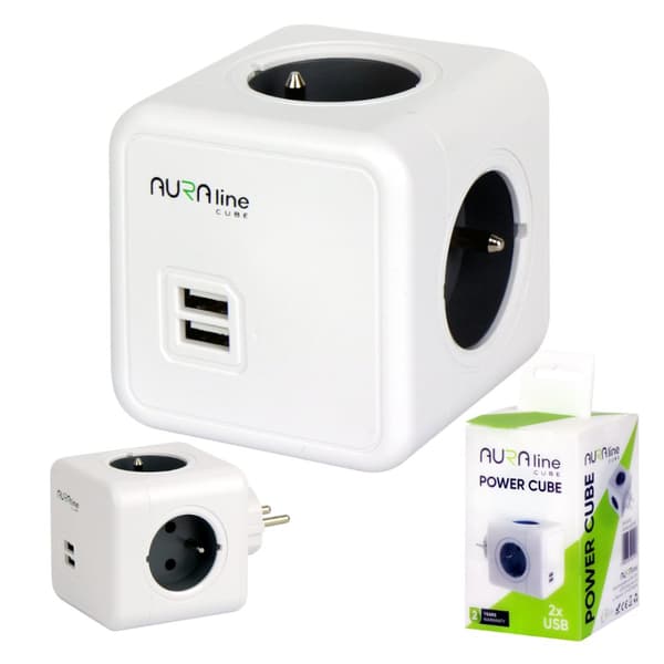 Stikkontaktfordeler 4 stikkontakter + 2 USB 2.1A/5V AURA line CUBE 16A 230V
