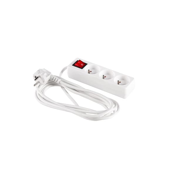 Forlængerledning med jord og afbryder 3m 3x1mm 3 stikkontakter 10A hvid