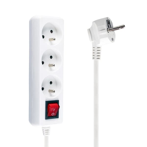Forlængerledning med jord og afbryder 3m 3x1mm 3 stikkontakter 10A hvid