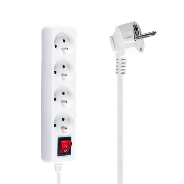 Forlængerledning med jord og afbryder 3m 3x1mm 4 stikkontakter 10A Hvid