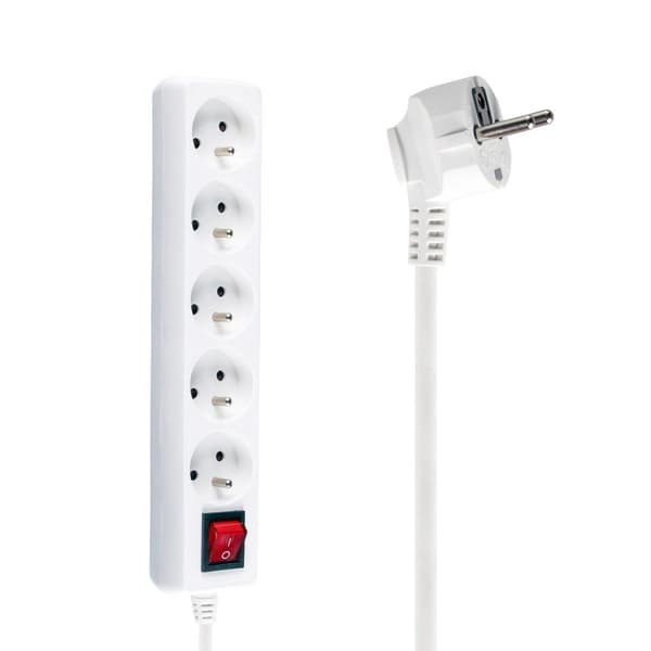 Forlængerledning med jord og afbryder 5m 3x1mm 5 stikkontakter 10A hvid
