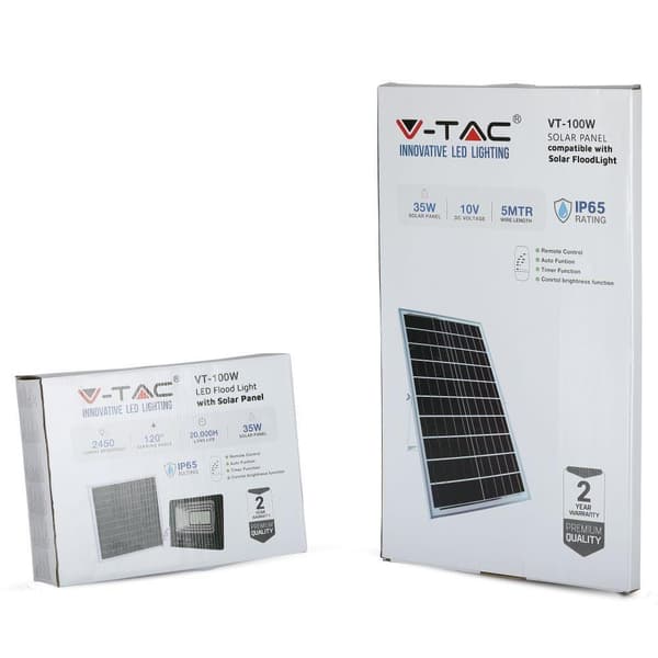 V-TAC 35W Sort IP65 Solcelle LED Projektor, Fjernbetjening, Timer VT-100W 4000K 2450lm