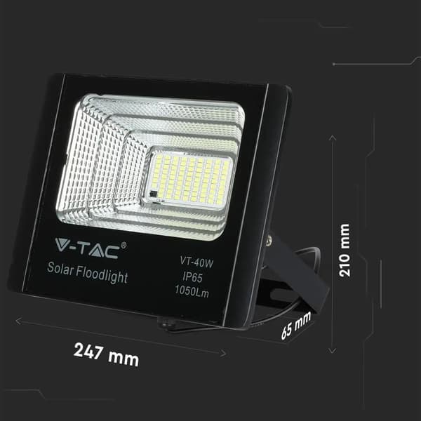 V-TAC 16W Svart IP65 Solcells-LED-projektor, Fjärrkontroll, Timer VT-40W 6000K 1050lm